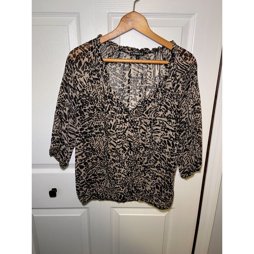 Express Leopard Print Sheer Blouse Womens Large 3/4 Sleeve Animal Top